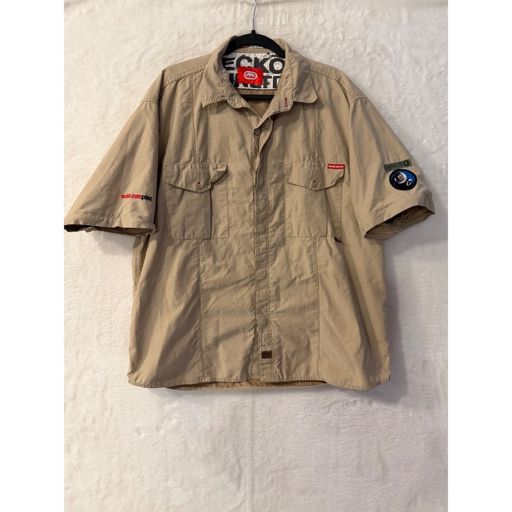 Ecko Unltd Mens XL Tan Khaki Button Down Shirt Marvel Fantastic Four Utility